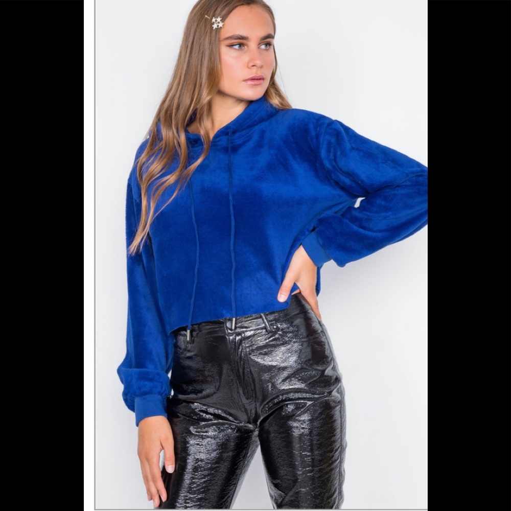 Royal blue fleece sweater hoodie drawstring crop